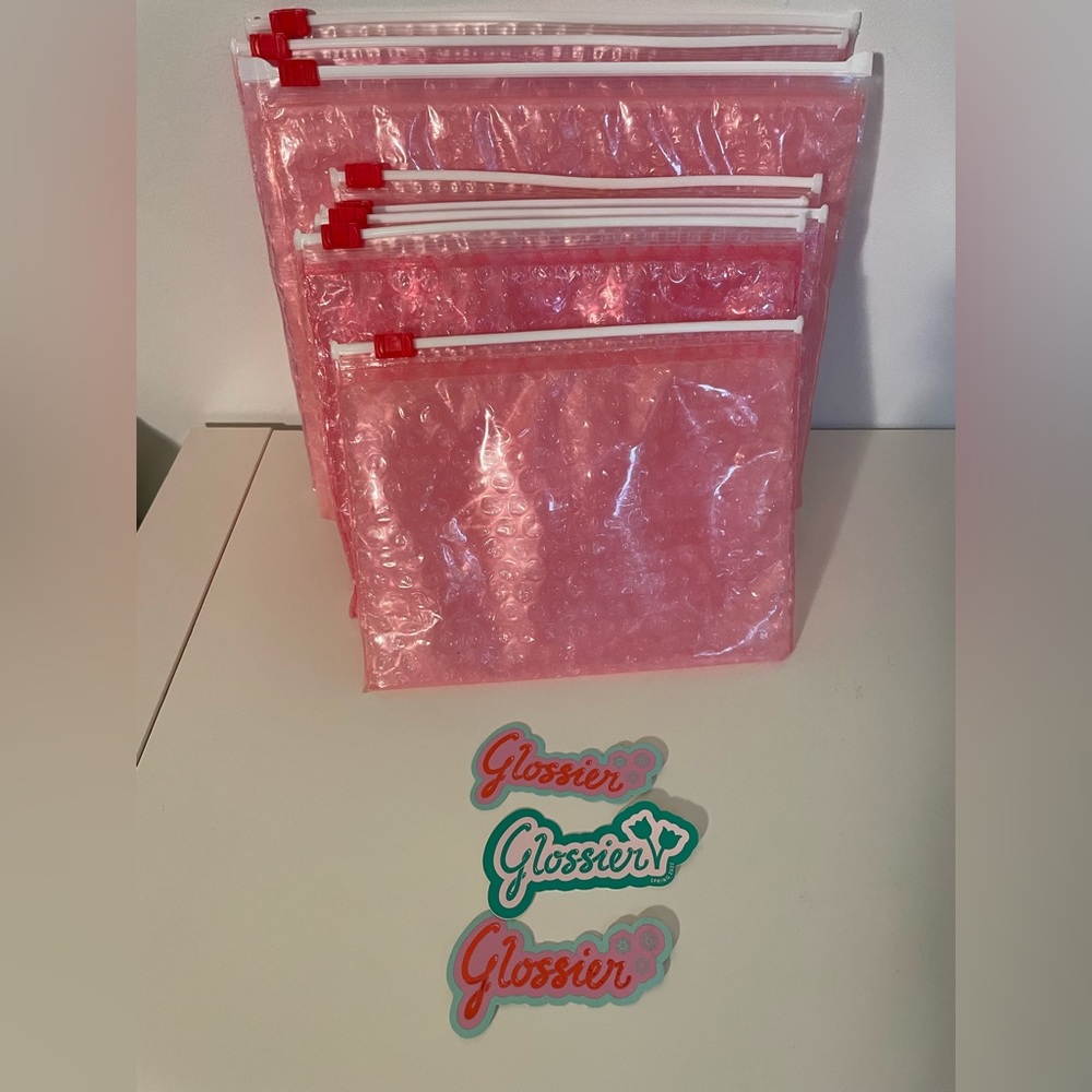 Glossier Pink Pouches- 3 large, 4 small + 3 stickers